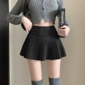 黑色高腰百褶毛呢短裙